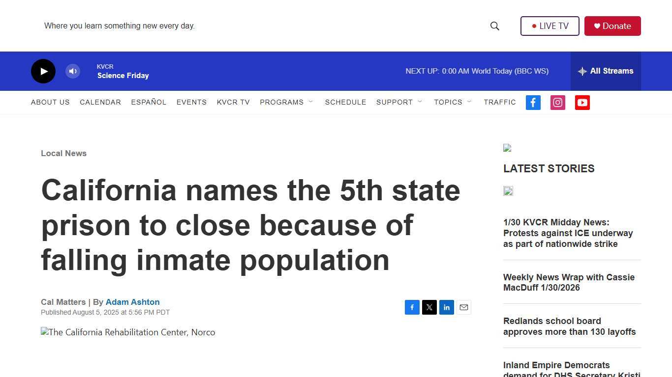 California names the 5th state prison to close because of falling inmate population KVCR News